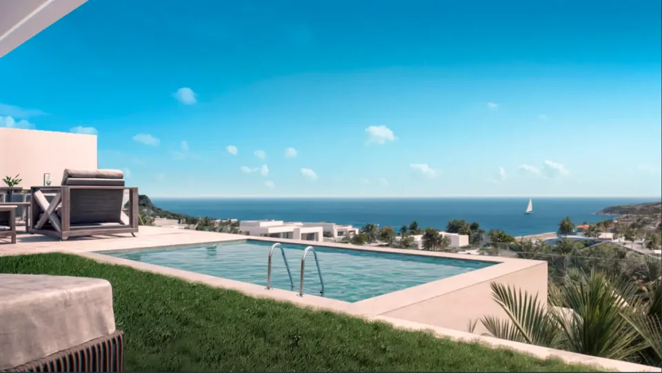 Terasa s bazénem a výhledem na moře na Costa del Sol